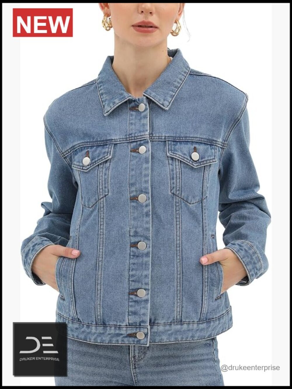 Button Up Long Sleeve Denim Jacket with Pockets for Women
